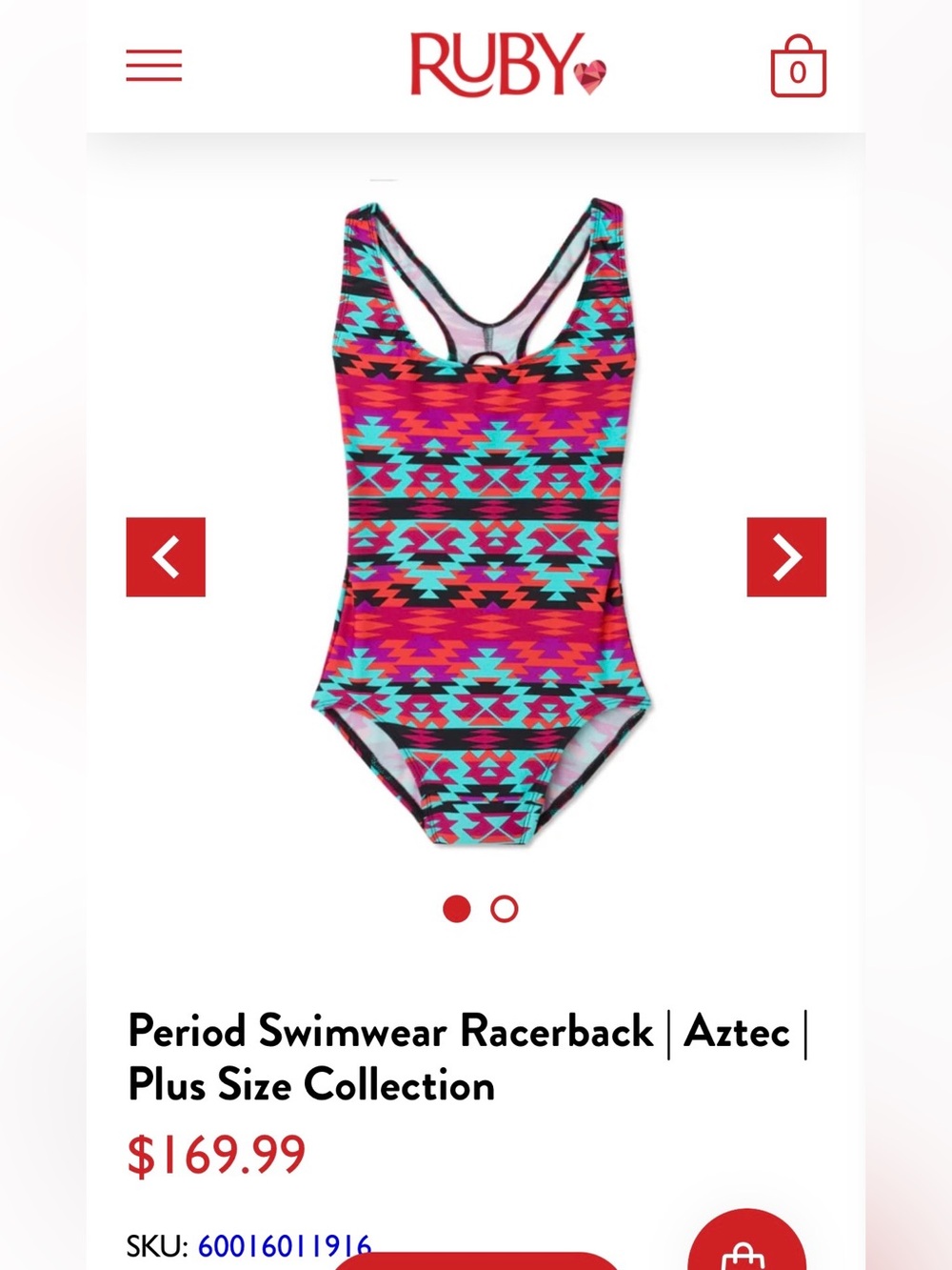 NWT Ruby Love Period Swimwear Racerback, Aztec, Size 2X